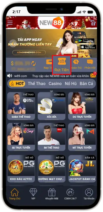 Giao diện rút tiền New88