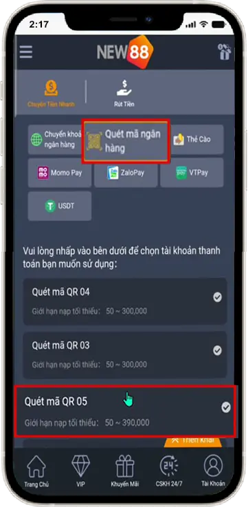 Hình thức nạp tiền new88